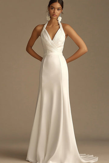 White Halter Ruched Satin Mermaid Long Formal Dress
